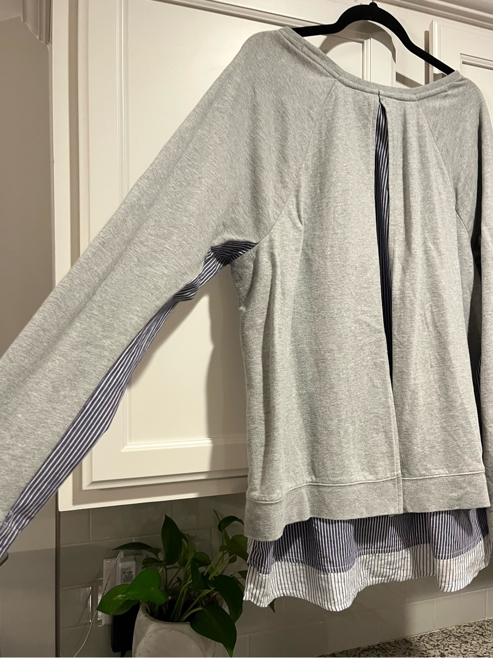 crown & ivy Grey Pullover with Blue Striped Shirt-Back Detail